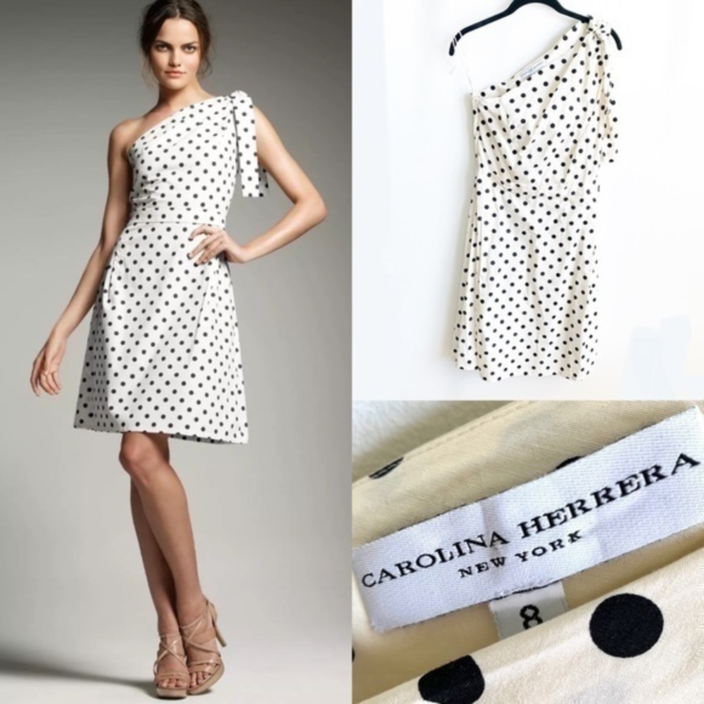 CAROLINA HERRERA Polka Dot One Shoulder Dress in Size 8